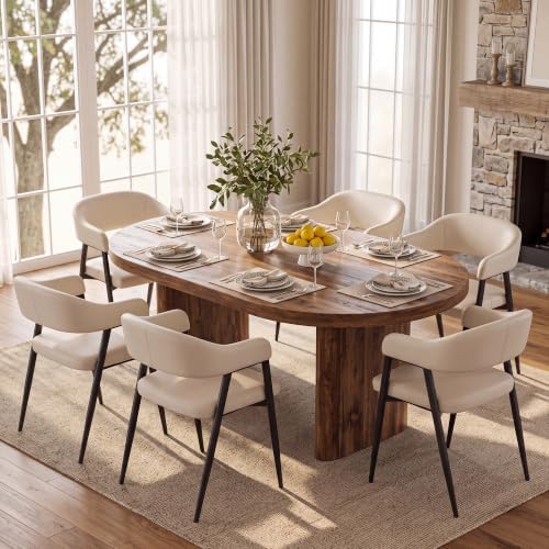 HNY Modern Dining Chairs with Arms Set of 6, Beige Faux Leather Armchairs