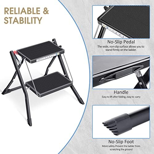 KINGRACK Folding Step Ladder, 2 Step Foldable Step Stool with Handle,Black