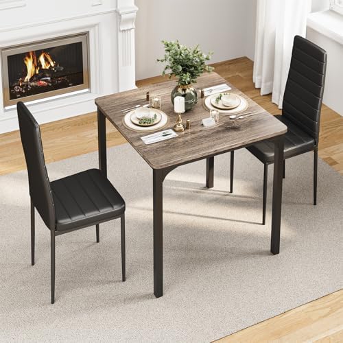 Gizoon 3-Piece Dining Table Set for 2, Kitchen Table with PU Chairs Grey