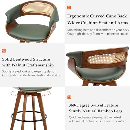 Rattan Swivel Counter Stools, Mid Century Modern Counter Stools with Back | N...