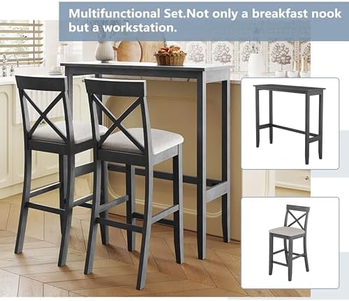 LUMISOL 3 Piece Pub Table and Chair Set, Small Bar Height Kitchen Table and C...