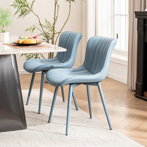 YOUNUOKE Mid-Century Modern Dining Chairs Set of 2, Blue PU Leather