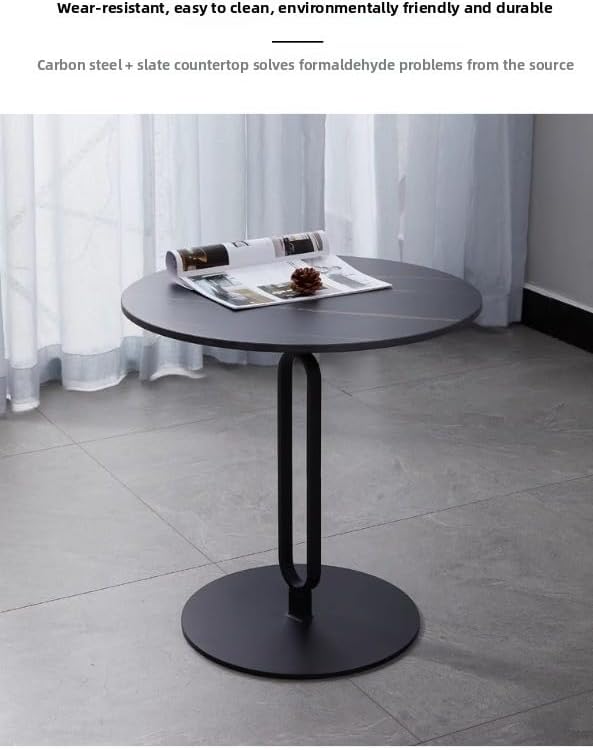 Elegant Round Side Table with Slate Top and Carbon Steel Base - Perfect for L...