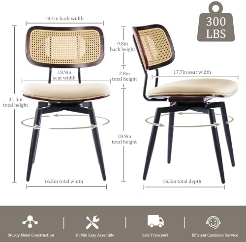 Swivel Dining Chairs with Rattan Back, Rattan Leather Dining Chairs with Swiv...