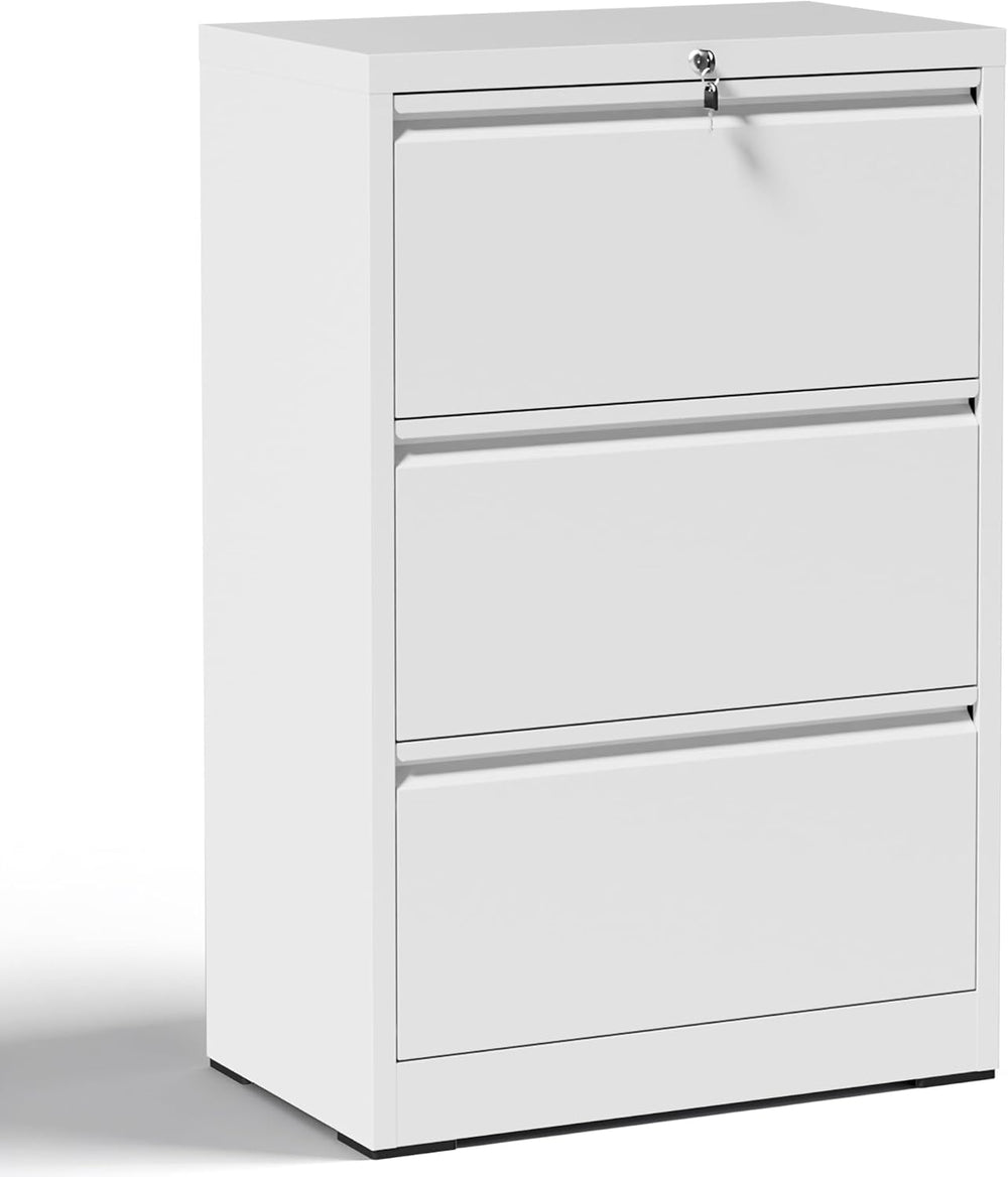 3 Drawer Metal Lateral File Cabinet with Lock,White Filing Cabinet | Heavy Du...