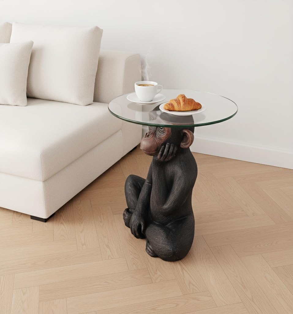 Animal Resin Side Table, Monkey Base Glass Top Side Table, Art Deco Style, Su...