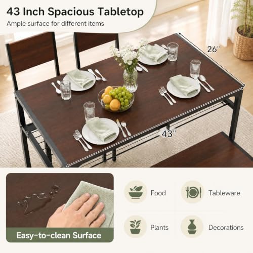 COSTWAY Dining Table Set for 4 with Bench & 2 Chairs, Storage Racks, Walnut