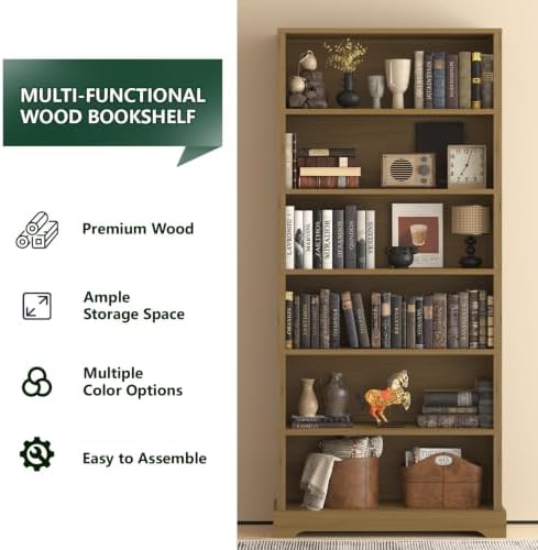 TVU 6 Tiers Wooden Bookshelf, 77.2" Tall Farmhouse Style Open Bookcase, ...