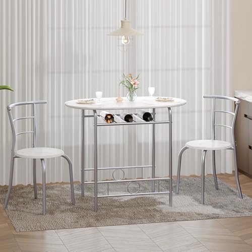VECELO 3-Piece Dining Table Set for Kitchen Breakfast Nook, Faux Marbled Oval...