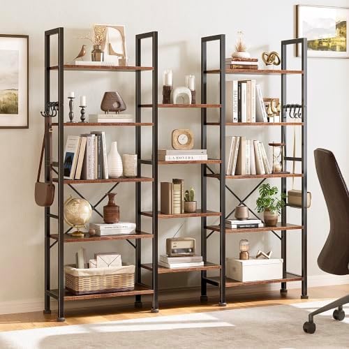 Furologee Triple 5 Tier Bookshelf with 14 Display Shelves, Rustic Brown