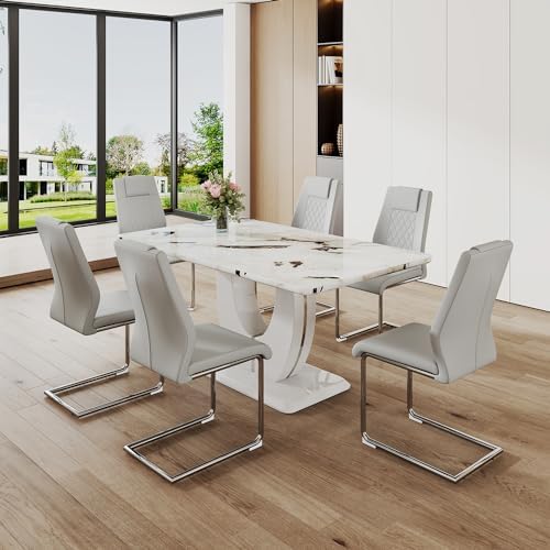 JUFU Modern Dining Set Table and 4 Chairs,White Faux Marble Dining Table Set ...
