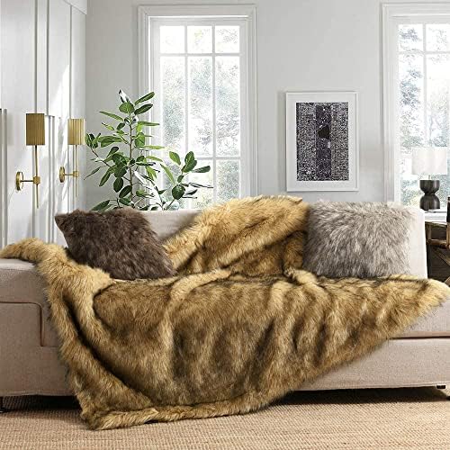 Luxury Plush Faux Fur Throw Blanket, Long Pile Golden Yellow with Black Tippe...