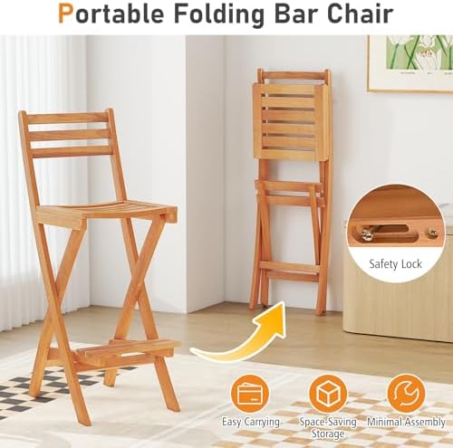 Tangkula Patio Folding Barstool, Outdoor Portable High Top Acacia Wood Bar He...