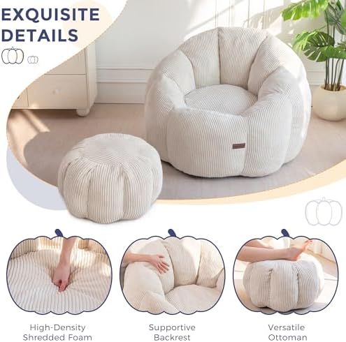 MAXYOYO Bean Bag Chair with Ottoman, Giant Pumpkin Lounge Chair for Adults | ...