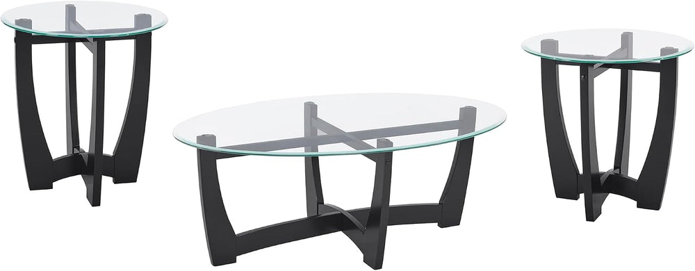 Round End Table with Clear Tempered Glass Top, Black Wood Base, 23.5 Inch, Co...