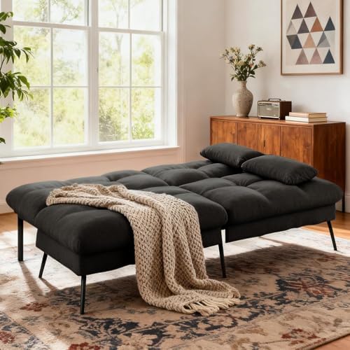 COMHOMA 72″ Convertible Futon Sofa Bed, Adjustable Backrest, Black | Breathab...