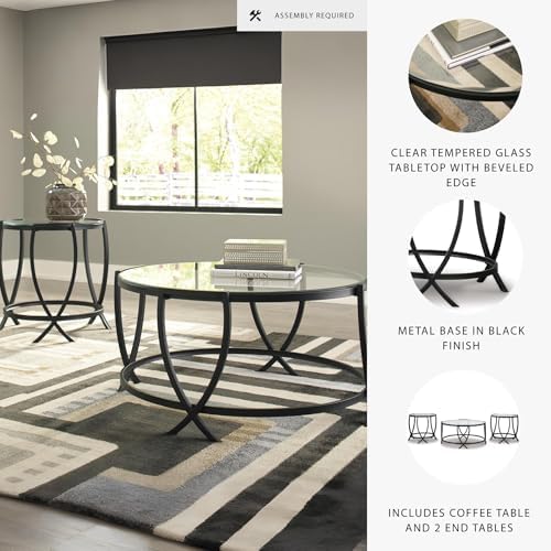 Signature Design by Ashley 3-Piece Glass Top Round Coffee Table Set, Black