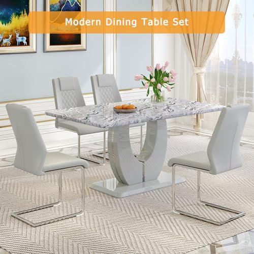 JUFU 5-Piece Dining Table Set for 4, 63-Inch Faux Marble with PU Chairs