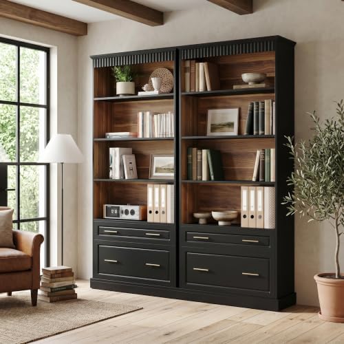 LITTLE TREE 72" Tall Black Bookcase with 2 Drawers, 5-Tier Bookshelf wit...