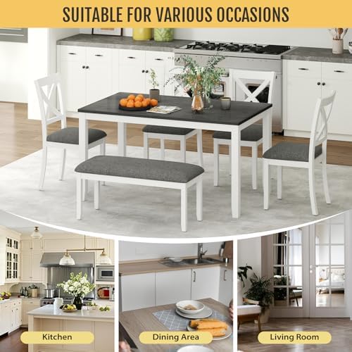Zevemomo 6-Piece Solid Wood Dining Table Set, Wooden Legs, White | Including ...