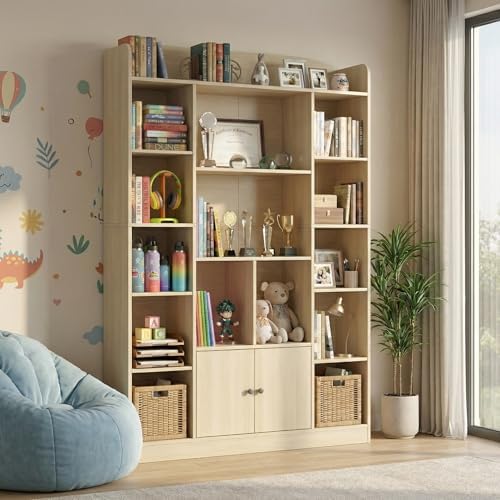 DIYART 63" Tall Oak Bookshelf with 14 Cubbies & 2 Cabinets, 5-Tier L...