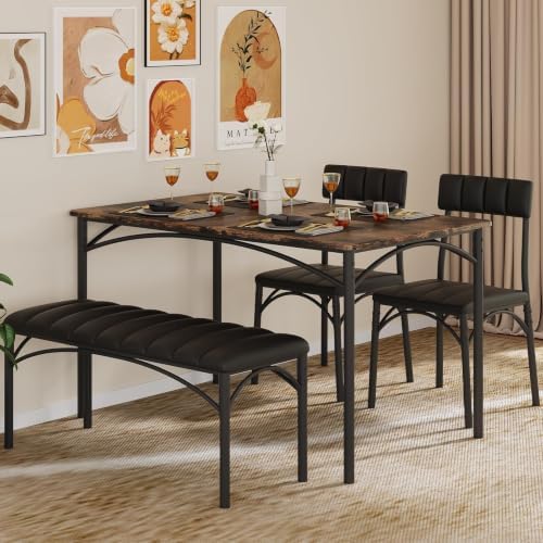 4 EVER WINNER Dining Table Set for 4 with Upholstered Seats, Rustic Brown
