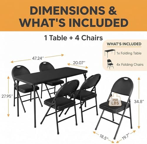 IDEALHOUSE 5 Piece Protable Folding Card Table and Chairs Set, Black