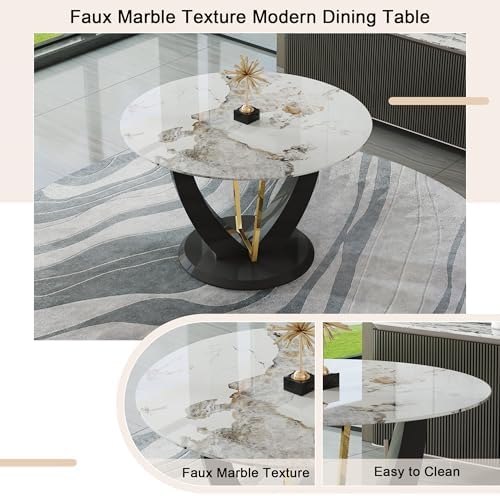 JUFU 5-Piece Round Dining Table Set for 4, 48-Inch Black Marble-Look Table