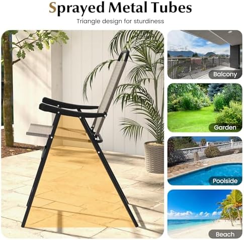 COSTWAY 4 Pieces Patio Folding Bar Chairs with Metal Frame, Footrest, Arms