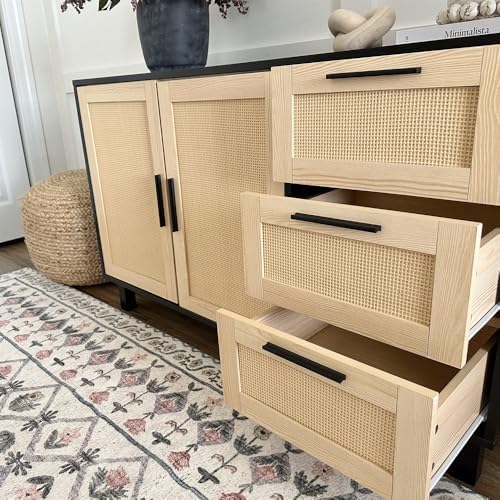 PHI VILLA Black Rattan Cabinet with Doors, Buffet Sideboard Cabinet with Draw...