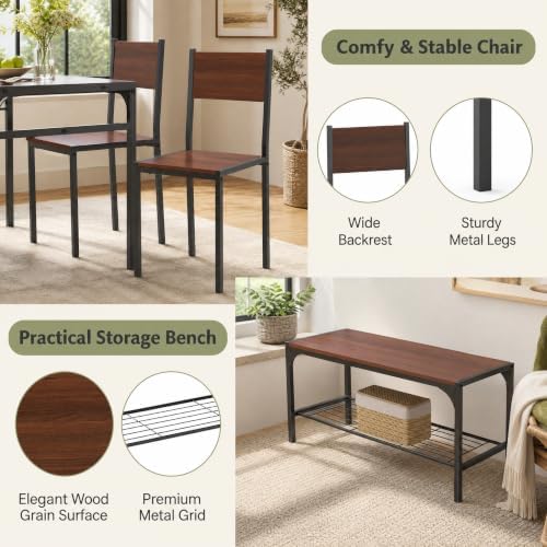 COSTWAY Dining Table Set for 4 with Bench & 2 Chairs, Storage Racks, Walnut