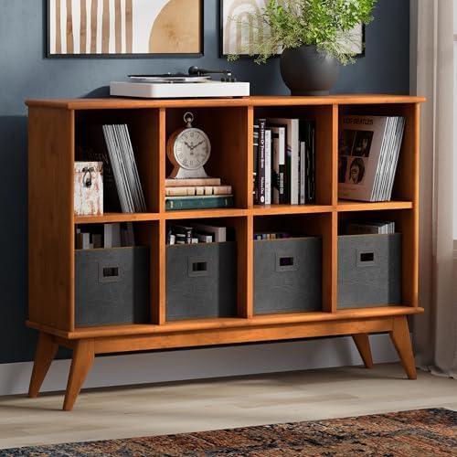 SIMPLIHOME Draper 57" Wide Solid Wood 8-Cube Console Table in Teak Brown