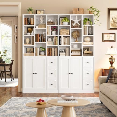 IRONCK Bookshelf with 2 Doors and 3 Drawers, 71" Storage Bookcase, White