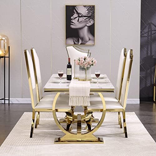 ACEDÉCOR 7 Piece Dining Table Set, Luxury White and Gold Kitchen and Dining R...