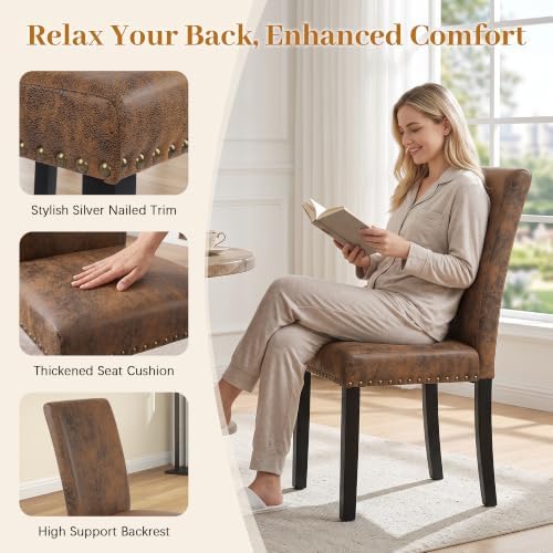 Dining Chairs Set of 4, Vintage Brown Kitchen Chairs with Nailhead Trim | Com...
