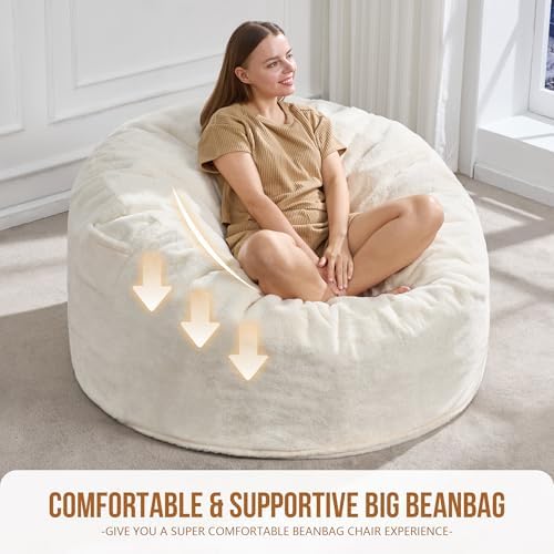Hobestluk Adult Bean Bag Chair 4FT Large Lounger with Plush Cover, White | Me...