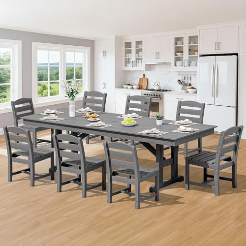 SERWALL 9Pcs 84" HDPE Outdoor Dining Set for 8 with Armless Chairs,Gray