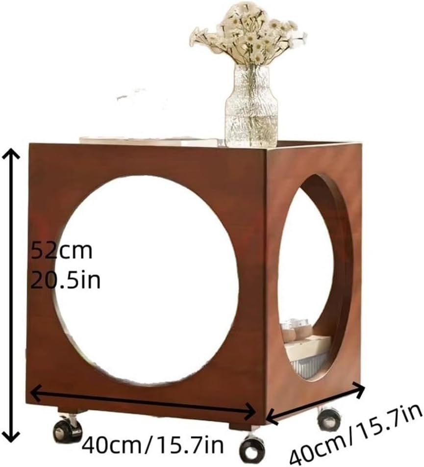 Vintage Rolling Side Table with Glass Top Wood Square Coffee Table 360° Wheel...