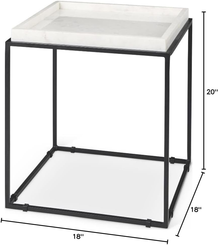 Pemberly Row Square White Marble and Black Metal End Table, 18 in x 18 in x 2...