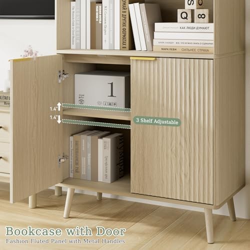 LYNSOM Beige Bookshelf, 70.9" Tall Book Shelf, 5-Tier Bookcase with Flut...
