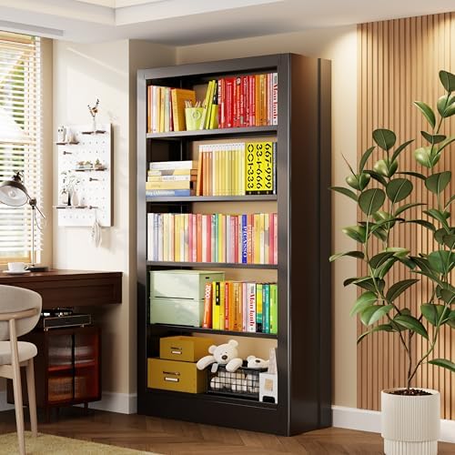 5-Tier Bookcase with Adjustable Storage Shelves, Heavy Duty Bookcase, Metal B...