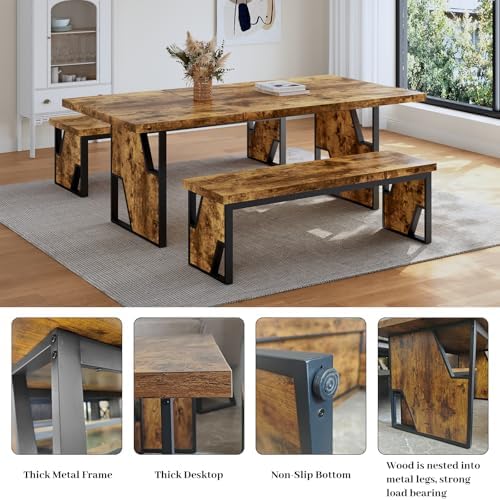 HIPIHOM 70.8" Wooden Dining Table with 2 Benches Kitchen Table and Chairs