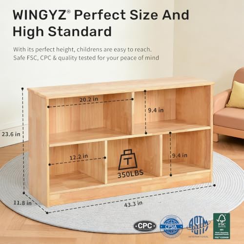 WINGYZ Rubber Wood Montessori Bookshelf, 5-Section Wooden Storage Cabinet