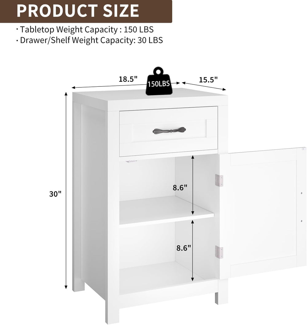 White Nightstand with Drawer, Farmhouse End Table with Storage Cabinet and Ad...
