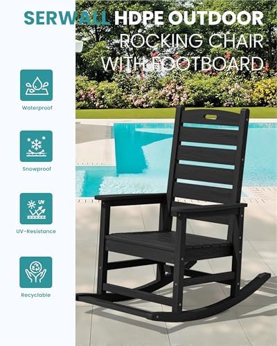 SERWALL Outdoor Rocking Chair Set of 2, Oversized HDPE Rocker, Black | Heavy ...