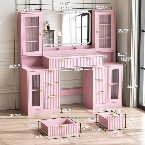 55" Vanity Desk with Mirror & Lights, Fluted Makeup Vanity with 8 Dr...