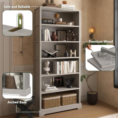 TVU 6 Tiers Wooden Bookshelf, 77.2" Tall Farmhouse Style Open Bookcase, ...