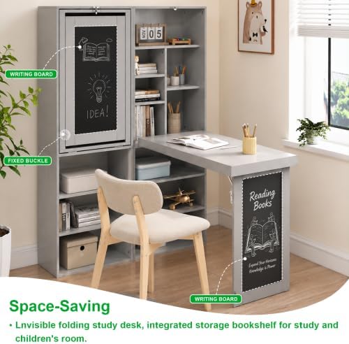 Fold-Out Desk Craft Table, Wall Mounted Desk Cabinet with Chalkboard | Multi-...