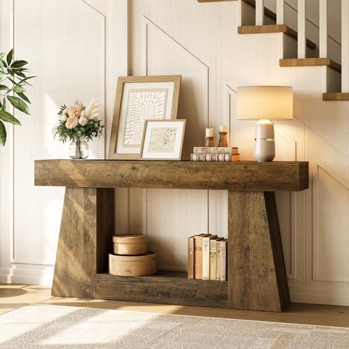LITTLE TREE 63" Farmhouse Console Table with Storage, Rustic Sofa Table ...