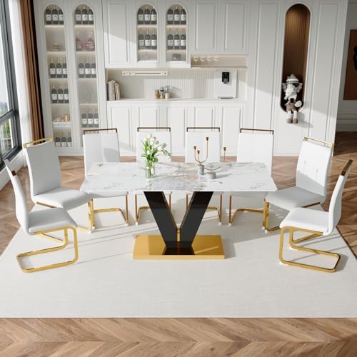 71'' Dining Table Set for 8,Marble Dining Table Set,Modern Kitchen Ta...